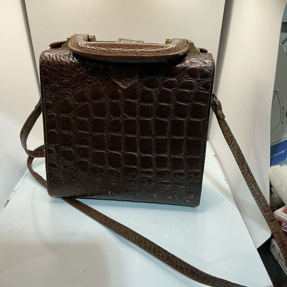 Vintage Brown Crocodile Embossed Leather Hard Case Shoulder Bag Briefcase - Picture 3 of 7